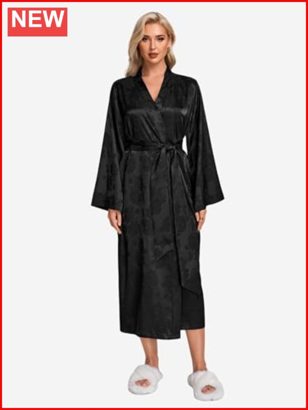 Satin Floral Jacquard Long Robe Belt Kimono Loungewear Bell Sleeves Bridal